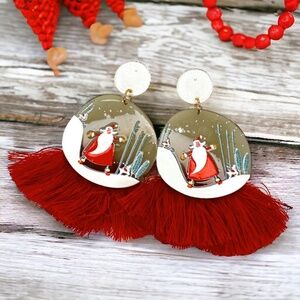 Festive Snowglobe Earrings - Santa Claus Christmas Drop Earrings with Fringe